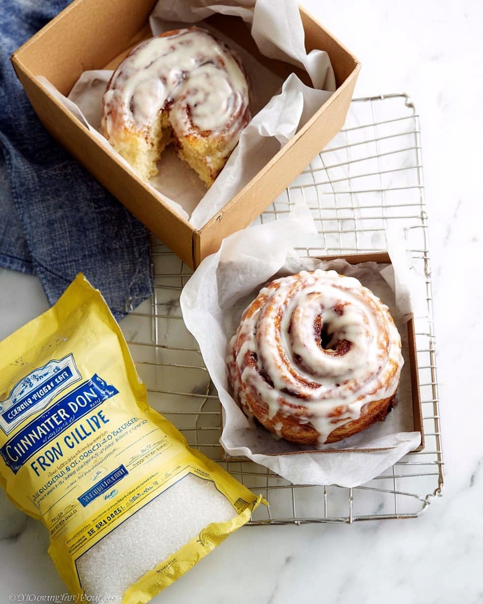 The image shows two cinnamon roll shaped cakes with several layers of light brown dough twisted and topped with white icing dripping down the sides; one cake is inside an open brown cardboard box lined with white paper, while the other sits on a metal cooling rack. Below the box and cakes, there is a yellow and blue bag of granulated sugar lying flat. The surface under everything is a white marbled texture. Photo taken with an iphone --ar 4:5 --v 7