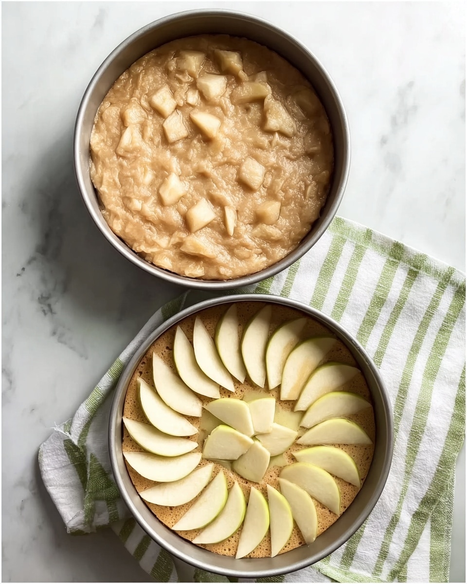 Two round metal baking pans are shown from above, placed on a white marbled surface with a towel that has green and white stripes next to them. The left pan shows a light brown batter with chunks of apple mixed in, filling the pan almost to the top with a slightly lumpy texture. The right pan shows the same batter base, but on top, thin slices of pale yellow apple are arranged in a circular pattern, starting from the edge and working inward, creating a layered flower-like design. Photo taken with an iphone --ar 4:5 --v 7