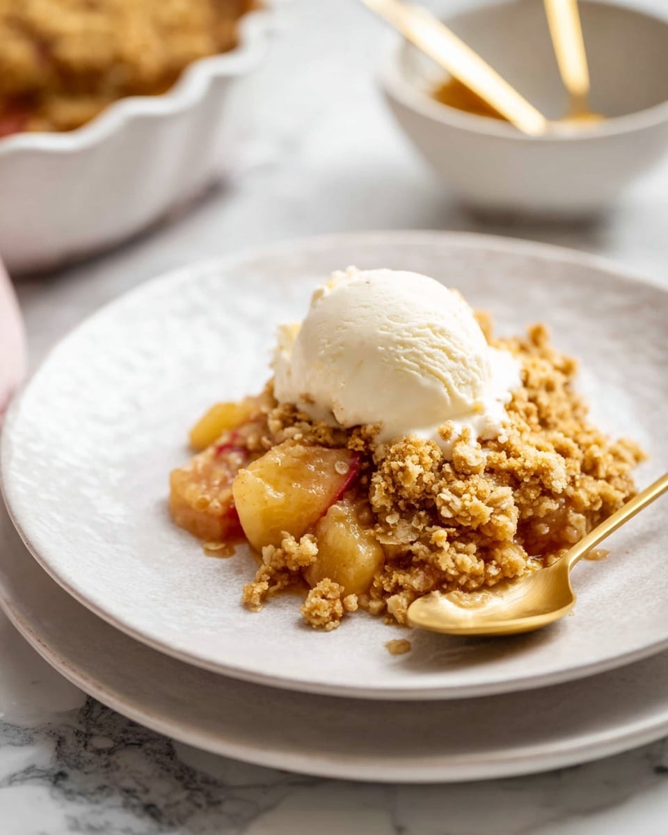 A white round plate holds a serving of warm fruit crumble with visible soft, golden cooked fruit chunks at the bottom layer, topped by a crumbly, slightly browned oat mixture with a rough texture. On top, there is a single scoop of creamy white ice cream resting gently on the crumble's right side. A shiny golden spoon sits on the edge of the plate, angled with its bowl facing up. The plate is set on a slightly larger white plate with a similar texture, placed on a white marbled surface. In the background, a blurred white bowl and another golden spoon are visible. The lighting is soft and natural, highlighting the warm colors and textures. photo taken with an iphone --ar 4:5 --v 7