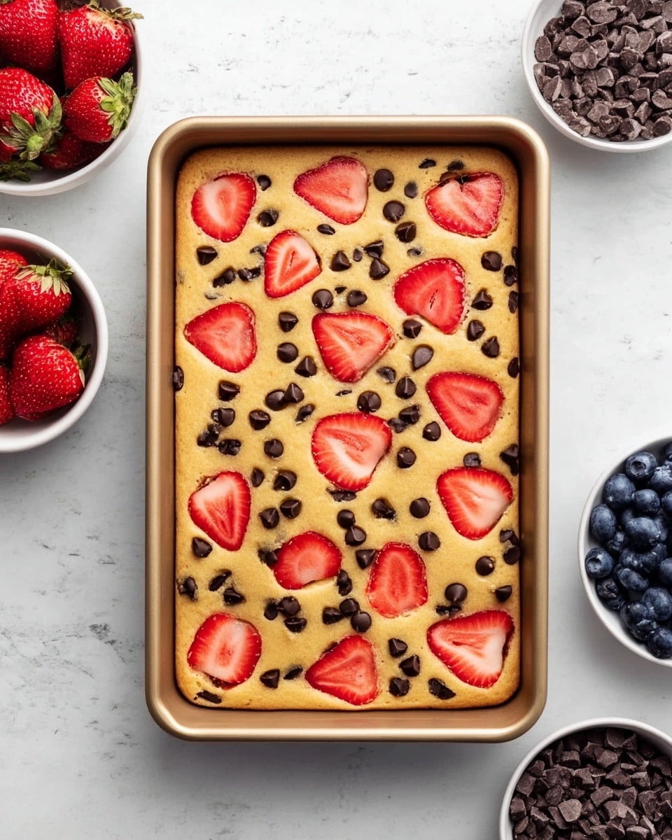 A rectangular golden cake sits in a light metal tray, topped with evenly spaced bright red strawberry slices and scattered small dark chocolate chips. The cake surface is smooth and slightly fluffy, showing a nice contrast between the warm yellow cake, vivid red strawberries, and dark chocolate dots. Around the tray are three white bowls with one filled with fresh strawberries, another with small chocolate chips, and the last with plump blueberries, all placed on a white marbled surface. photo taken with an iphone --ar 4:5 --v 7