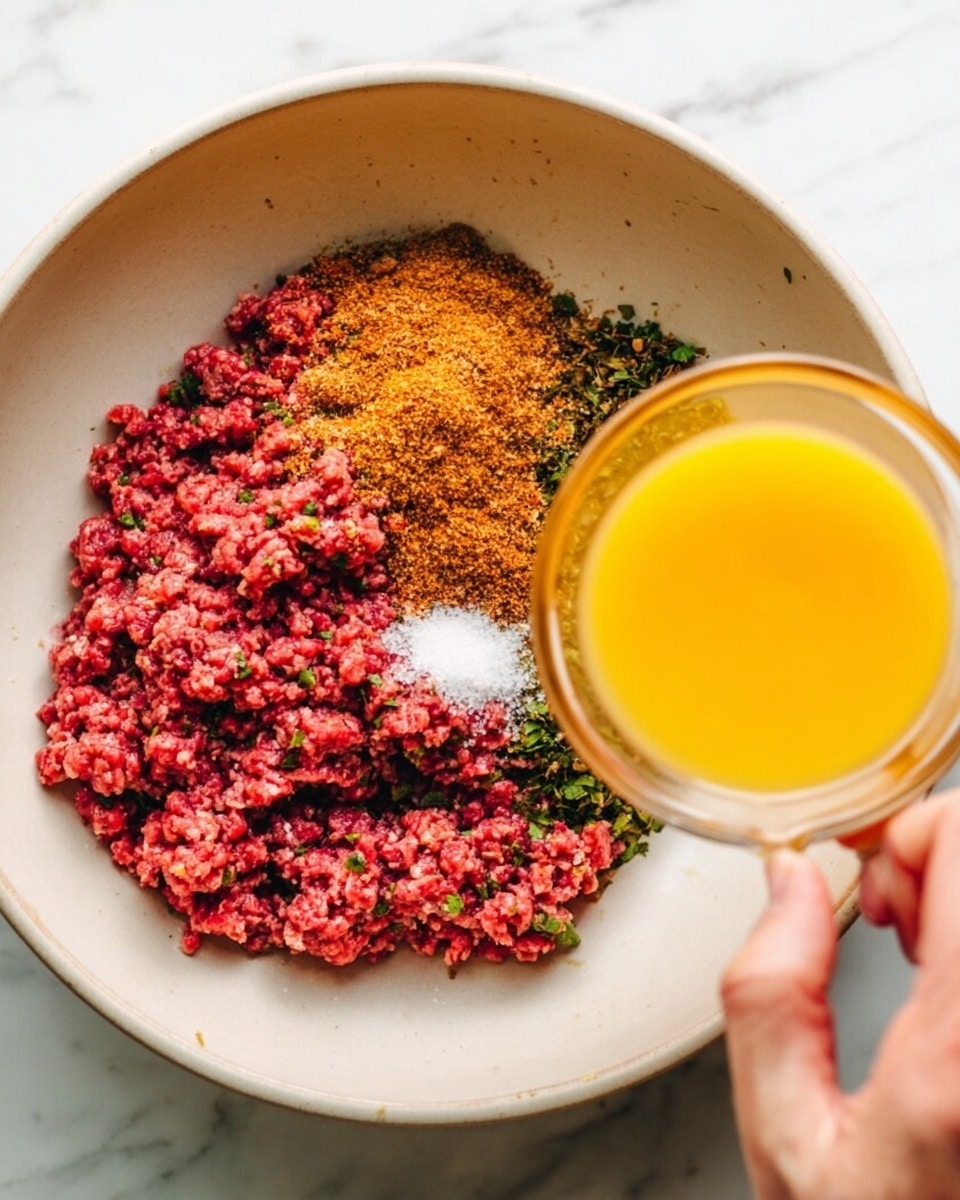 In a large white bowl on a white marbled surface, there are three main layers: a large pile of red ground meat mixed with green herbs fills half the bowl on the right side, a heap of orange-brown spices sits on the upper left, and a small pile of white salt lies between the meat and spices. A woman's hand is holding a small clear bowl filled with bright yellow liquid near the bowl, about to pour it in. The image is bright and clear with a soft natural light. photo taken with an iphone --ar 4:5 --v 7