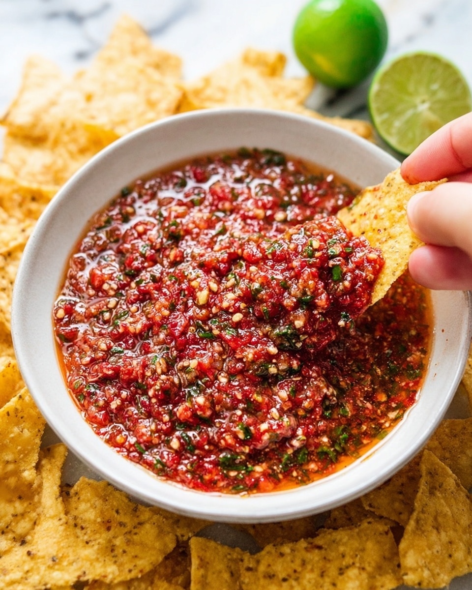 A close-up view of a white bowl filled with a chunky red salsa that has bits of green herbs and finely chopped vegetables mixed throughout, giving it a textured and colorful look. The salsa is slightly liquid, visible near the edges of the bowl. Surrounding the bowl are many yellow tortilla chips scattered on a white marbled surface. Two halves of a lime with a bright green color rest behind the bowl. A woman's hand is holding a single tortilla chip dipping into the salsa from the right side. Photo taken with an iphone --ar 4:5 --v 7