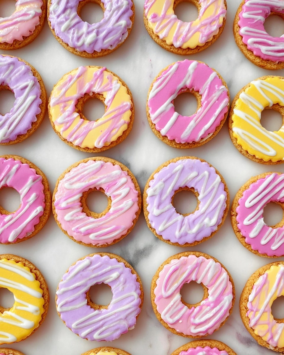 The image shows several round cookies with scalloped edges, each topped with a donut-shaped layer of pastel-colored icing. The cookies have a golden brown base with a crumbly texture. The icing layers are smooth and glossy, with some in light pink, others in pale yellow, and some in soft lavender. Each icing layer has swirled lines of a contrasting pastel color, like pink lines on yellow icing or darker pink lines on lavender icing, giving them a marbled look. These cookies are placed on a white marbled surface, arranged closely but not touching. The photo taken with an iphone --ar 4:5 --v 7
