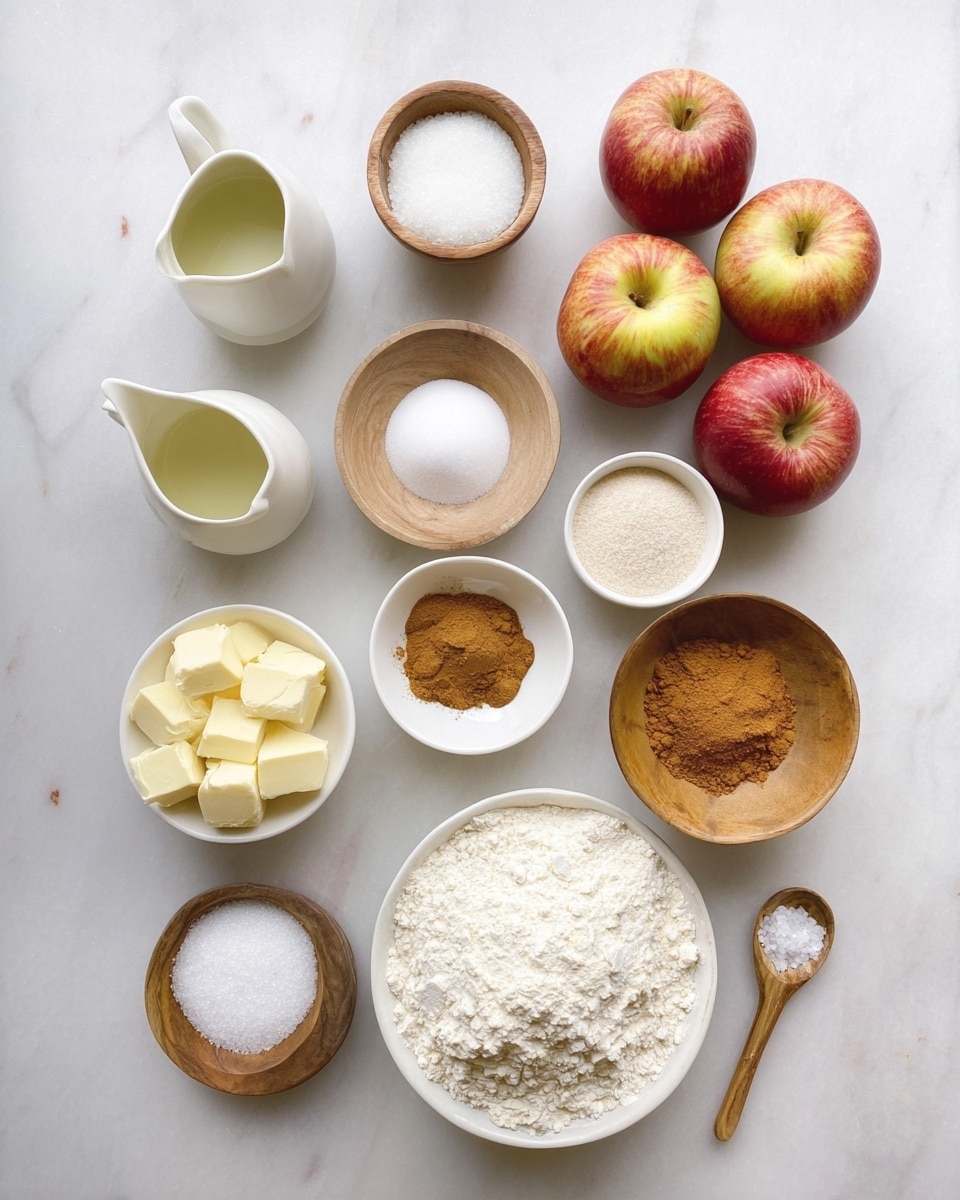 The image shows various baking ingredients neatly arranged on a white marbled surface. There are five red and yellow apples in the top right corner. Around them, there are small white bowls and wooden bowls filled with white sugar, brown sugar, flour, and spices including cinnamon, nutmeg, and turmeric. A small white bowl holds white granulated sugar, and another wooden bowl is filled with flour. There is a white bowl with cubed butter near the bottom left and a white egg near the top left. Two small white pitchers hold liquid ingredients, one likely oil and the other water or milk. A small wooden spoon with salt is placed near the bottom center. All containers are white or wooden, complementing the clean and organized presentation. Photo taken with an iphone --ar 4:5 --v 7