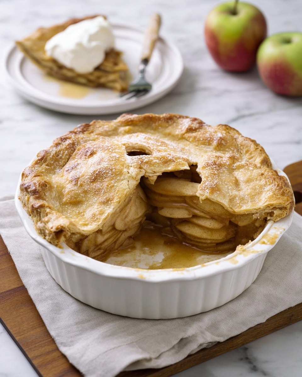 A white round baking dish filled with a golden brown apple pie, the top layer is a flaky crust with a slight sugar sprinkle and a small opening showing layered apple slices inside. One slice is missing, revealing neatly stacked thin apple slices covered by the crust and some juice at the bottom of the dish. In the background, a white plate holds a slice of the pie topped with a dollop of white cream next to a fork with a wooden handle. Two apples are nearby on a white marbled surface, and the dish sits on a light cloth on top of a wooden board. Photo taken with an iphone --ar 4:5 --v 7