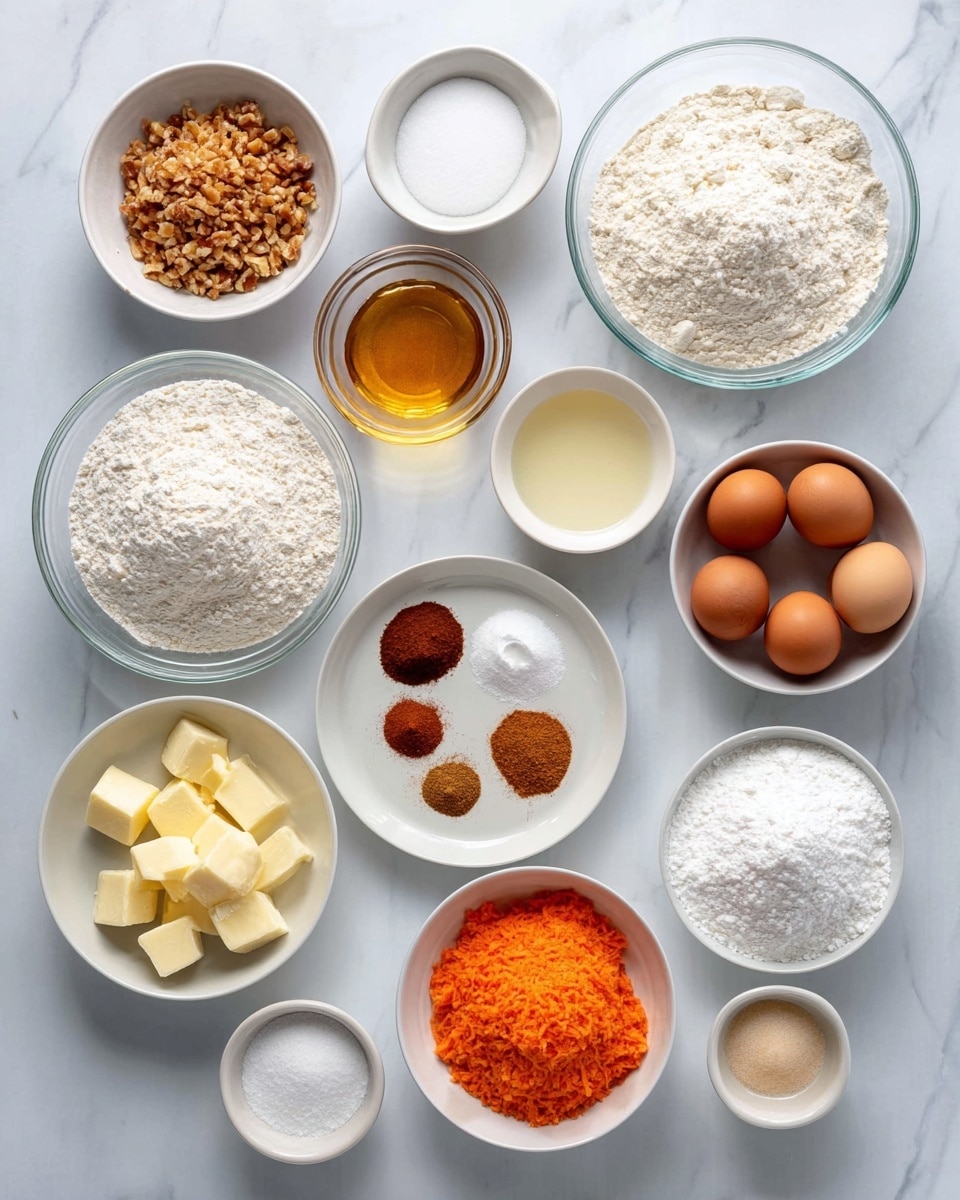 The image shows thirteen bowls and plates arranged on a white marbled surface, each containing different baking ingredients. Starting from the top left, there is a small white bowl filled with crushed nuts, next to it a medium white bowl with light brown sugar, and a small white bowl with milk. Below the nuts is a large clear glass bowl with white flour. Next to the flour is a small glass cup with a light golden liquid, possibly oil or syrup. To the right is a medium white bowl filled with a creamy white mixture. Below that is a small white plate with five brown eggs. In the center, a small white plate holds five piles of spices in shades of brown, red, and beige around a small mound of salt. On the left bottom side, a white plate holds diced yellow butter chunks. Above it, a small white bowl contains honey or syrup. Beside honey are two small white bowls with white powdery ingredients possibly baking soda and baking powder. In the bottom middle, a white bowl contains white granulated sugar, and to the right, a pale orange bowl is filled with bright orange grated carrots. At the bottom, a small white plate holds powdered sugar. All bowls and plates are placed neatly and clearly show the textures and colors of the ingredients. Photo taken with an iphone --ar 4:5 --v 7