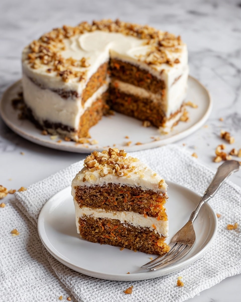The image shows a two-layer carrot cake with white cream cheese frosting between the layers and on top. The cake layers are light brown with visible small bits, likely carrot and nuts. The frosting is smooth and evenly spread with some crumbs mixed in, and crushed walnuts are sprinkled on top of the whole cake and the slice. The slice is placed on a white plate with a silver fork next to it, set on a white textured cloth. The background surface is white marble. Photo taken with an iphone --ar 4:5 --v 7