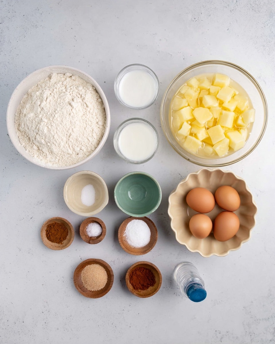 The image shows a white bowl on the left filled with white flour, next to it are four smaller bowls in a grid pattern: a clear glass with white liquid, a white bowl with white sugar, a green bowl with light brown granules, and a beige scalloped bowl on the right filled with small yellow apple chunks. Above the smaller bowls, there is a glass bowl with melted yellow butter and two brown eggs below it. In front of the eggs are four small round wooden bowls containing pink salt, white powder, white baking soda, and brown cinnamon. On the bottom right, there is a small clear bottle with a blue cap. All items are placed on a white marbled surface. Photo taken with an iphone --ar 4:5 --v 7