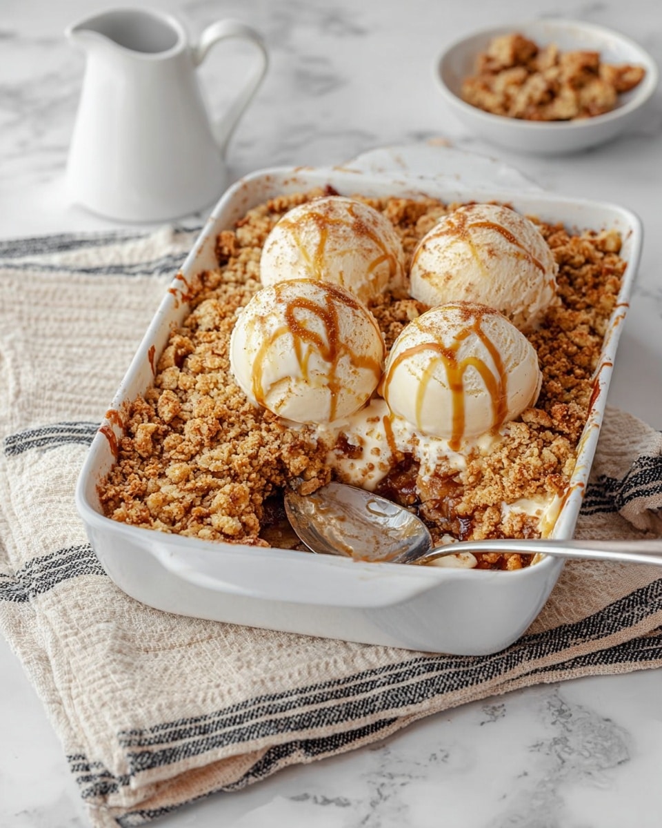 A white rectangular dish filled with a crumbly, golden-brown baked dessert topped with three round scoops of white ice cream. The ice cream scoops are drizzled with a light brown sauce and sprinkled lightly with cinnamon. The dessert has a rough textured top layer with visible chunks, and there is a silver spoon digging into the back part of the dish. The dish sits on a folded beige and black striped cloth on a white marbled surface. In the background, there is a small white pitcher and a white bowl with extra dessert pieces visible. Photo taken with an iphone --ar 4:5 --v 7