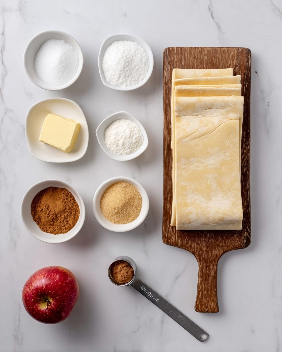 The image shows ingredients arranged neatly on a white marbled surface. On the right, there are three rectangular light beige dough sheets stacked on a narrow wooden board with a handle. On the left side, from top to bottom, there are five white bowls each containing different ingredients: white sugar, white powdered sugar, light brown sugar, light yellow butter, and ground cinnamon in a small bowl. Next to these bowls, there is a small metal measuring spoon with salt and a whole red apple placed at the bottom left corner. photo taken with an iphone --ar 4:5 --v 7