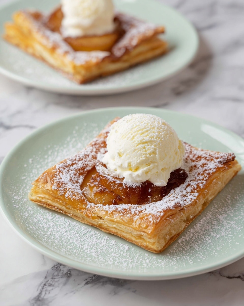 A square, golden-brown pastry with a slightly puffed and crispy texture forms the base layer, topped with a caramelized heart-shaped fruit slice in the center. A large scoop of creamy white ice cream sits on top of the fruit, with powdered sugar lightly dusted over the entire pastry and surrounding white plate, which rests on a white marbled surface. In the background, a second pastry with the same layers appears on another white plate. photo taken with an iphone --ar 4:5 --v 7