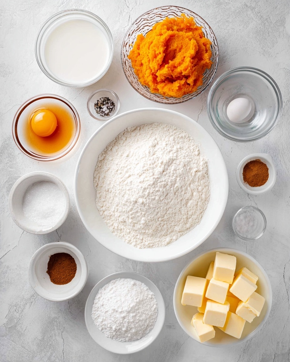 A top-down view of various cooking ingredients arranged neatly on a white marbled surface, featuring one large white bowl filled with white flour in the center. Surrounding it are smaller clear and white bowls holding different items: mashed orange pumpkin in a clear textured bowl at the top right, milk in a clear bowl at the top left, beaten eggs in a small white cup to the right, white granulated sugar and baking powder in two small white bowls to the left, a small white bowl with honey below the egg, a small white bowl with ground cinnamon near the honey, a small container of salt and black pepper on the lower left side, a clear bowl with white powdered sugar below the flour, and a white bowl on the bottom right containing cubed yellow butter. The scene is bright with soft natural lighting. photo taken with an iphone --ar 4:5 --v 7