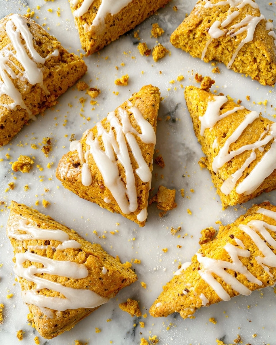 The image shows several triangular pumpkin scones with a golden-orange color spread on a white marbled surface. Each scone is topped with a light drizzle of white icing, unevenly applied, giving a simple textured look. The scones have crumbly edges and a soft, slightly rough texture. Some broken pieces and crumbs are scattered around, showing the softness inside. The scene is bright with natural light highlighting the colors and textures of the scones. photo taken with an iphone --ar 4:5 --v 7