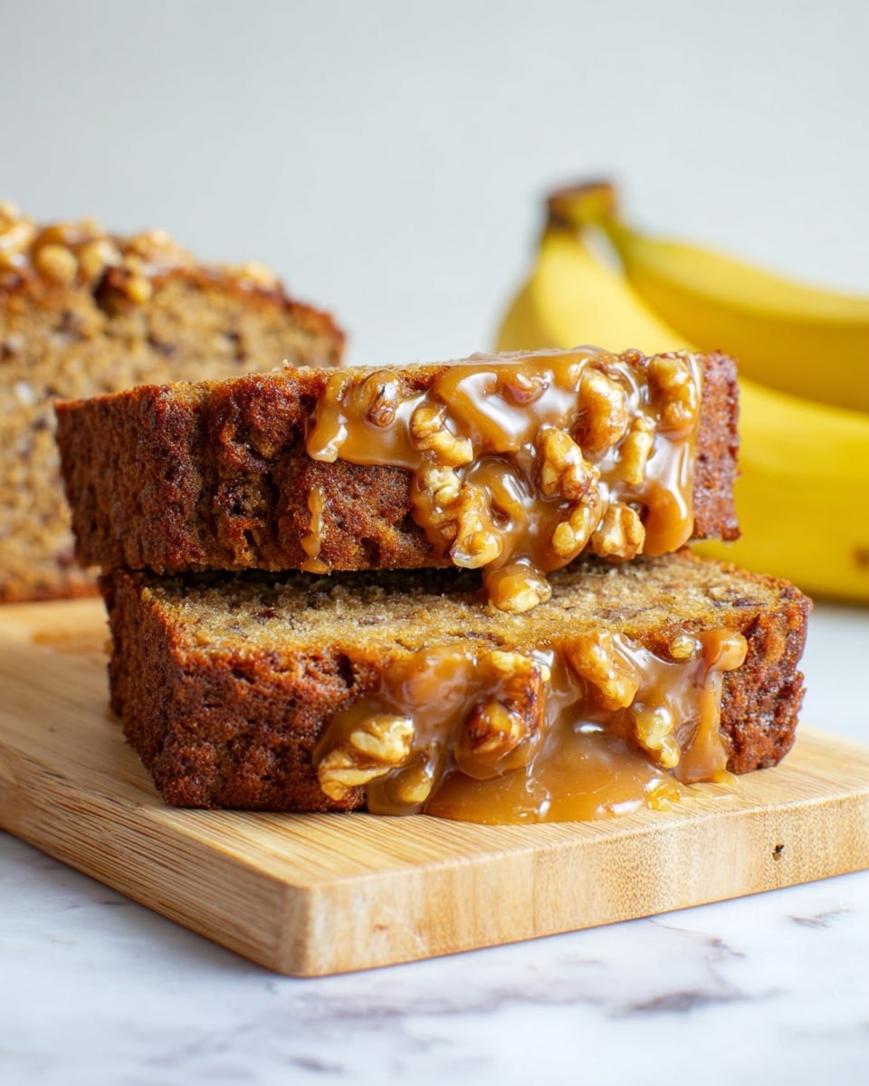 The image shows two slices of brown banana bread stacked on a light wooden board with a white marbled surface underneath. The bread is moist with a slightly crumbly texture and visible bits of darker nuts inside. The top slice has a thick layer of golden-brown nutty caramel sauce with walnut pieces, dripping slightly off the edges. In the background, a ripe yellow banana is partially visible on the right side. Photo taken with an iphone --ar 4:5 --v 7