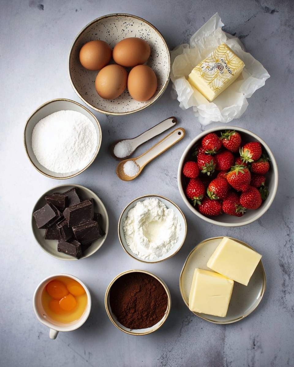 The image shows an arrangement of baking ingredients on a white marbled surface. There are four brown eggs in a white bowl with dark speckled edges at the top left. To its right, there is a block of butter partially wrapped in white and gold paper. Below the eggs, a white bowl filled with white sugar sits next to a grayish bowl full of bright red strawberries with green stems. Below the strawberries, a small white cup holds orange-colored candy melts. To the left, a white bowl contains broken dark chocolate pieces, and below it, another white bowl is filled with dark brown cocoa powder. Center bottom shows a white bowl full of cream, next to it are three small wooden spoons with salt and baking powder on them. At the bottom right, two small pieces of pale yellow butter are on a small white plate with a gold rim. photo taken with an iphone --ar 4:5 --v 7