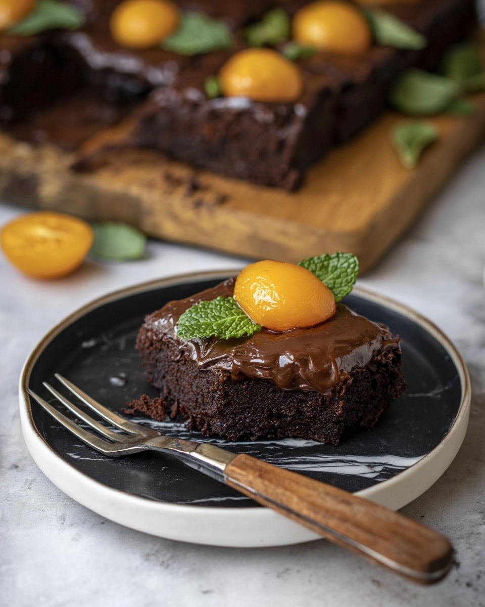 A dark chocolate brownie square with a shiny layer of melted chocolate spread thickly on top, garnished with a bright orange fruit and two fresh green mint leaves placed at the center. The brownie is served on a white plate with a black inside, which has a few light marble-like streaks. A small fork with a brown wooden handle rests beside the brownie on the plate. The background shows a blurred wooden board with more brownies topped with the same orange fruit and mint leaves, set against a white marbled surface. Photo taken with an iphone --ar 4:5 --v 7