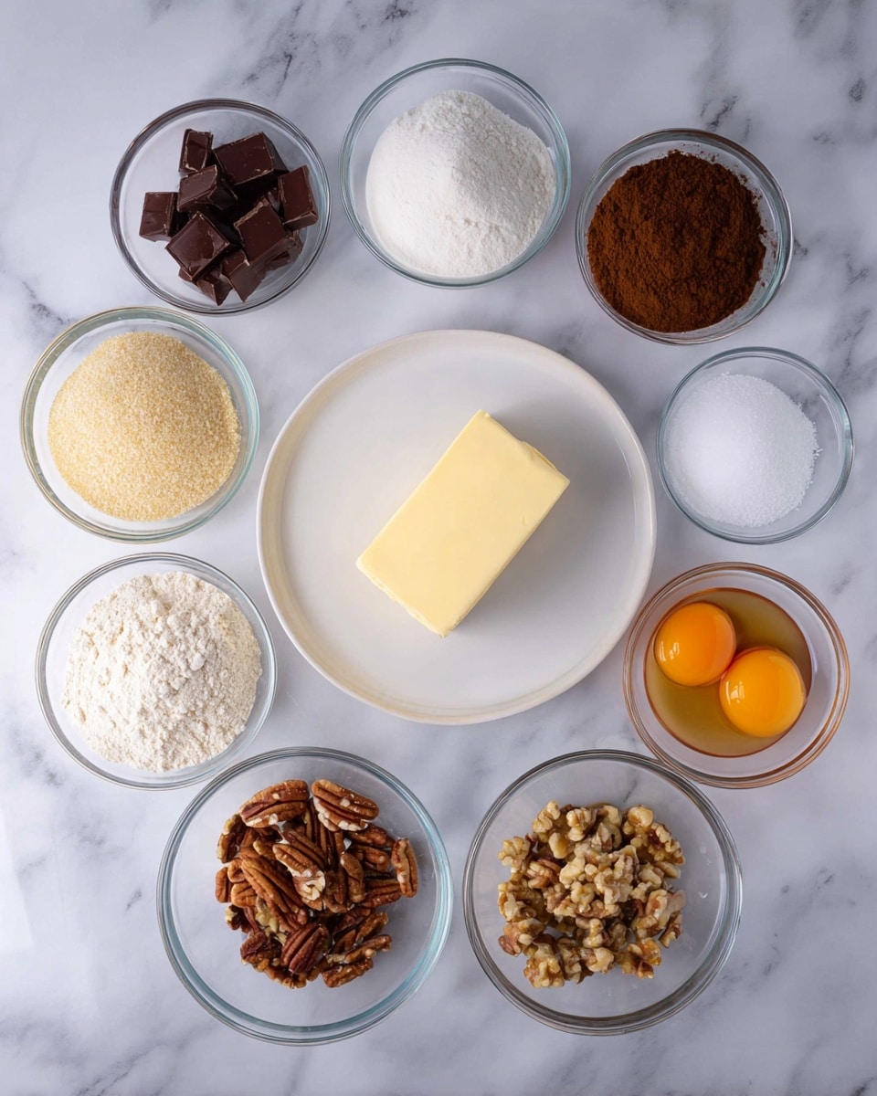 The image shows a white round plate in the center with a solid block of pale yellow butter. Around the plate, there are eight spaced clear glass bowls, each with different ingredients. Starting from the top and moving clockwise: a bowl with small chunks of dark brown chocolate, a bowl filled with rich brown sugar, a bowl with white flour, a bowl with two bright orange eggs in clear liquid, a bowl with a smooth light brown paste, a bowl with beige granulated sugar, a bowl containing various light brown chopped nuts with pecans on top, and a small bowl with white granules, salt and baking powder. The setup is on a white marbled surface that adds a clean and bright background. photo taken with an iphone --ar 4:5 --v 7