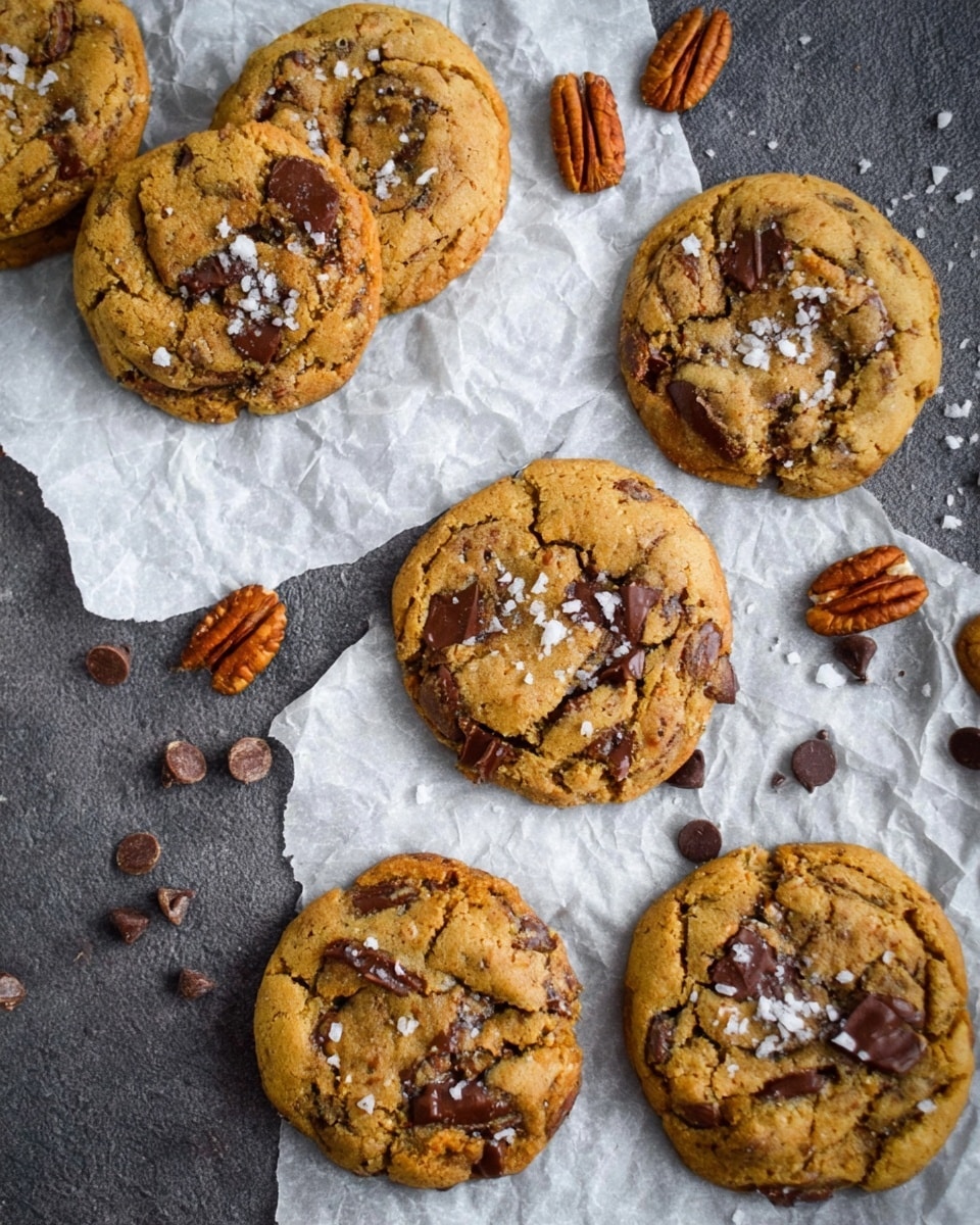 Eight round cookies with a golden-brown color and chunks of dark chocolate and pecans are spread across a crinkled piece of white parchment paper. The cookies have a slightly cracked surface showing their soft texture inside, and a few pieces of coarse salt are sprinkled on top. Whole and broken pecans as well as some chocolate chips are scattered around on the dark gray textured surface beneath the parchment paper, which is replaced with a white marbled texture. photo taken with an iphone --ar 4:5 --v 7