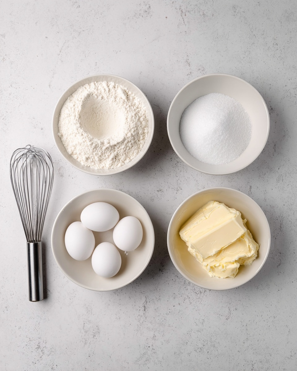 The image shows four white bowls arranged in a square on a white marbled surface. The top left bowl holds white flour with a small indentation in the middle. The top right bowl contains white sugar, appearing fine and granular. The bottom left bowl has four white eggs, nestled close together. The bottom right bowl contains soft, creamy butter, a pale yellow color with a smooth but slightly uneven texture. To the left of the bowls, there is a shiny metal whisk lying flat on the surface. photo taken with an iphone --ar 4:5 --v 7