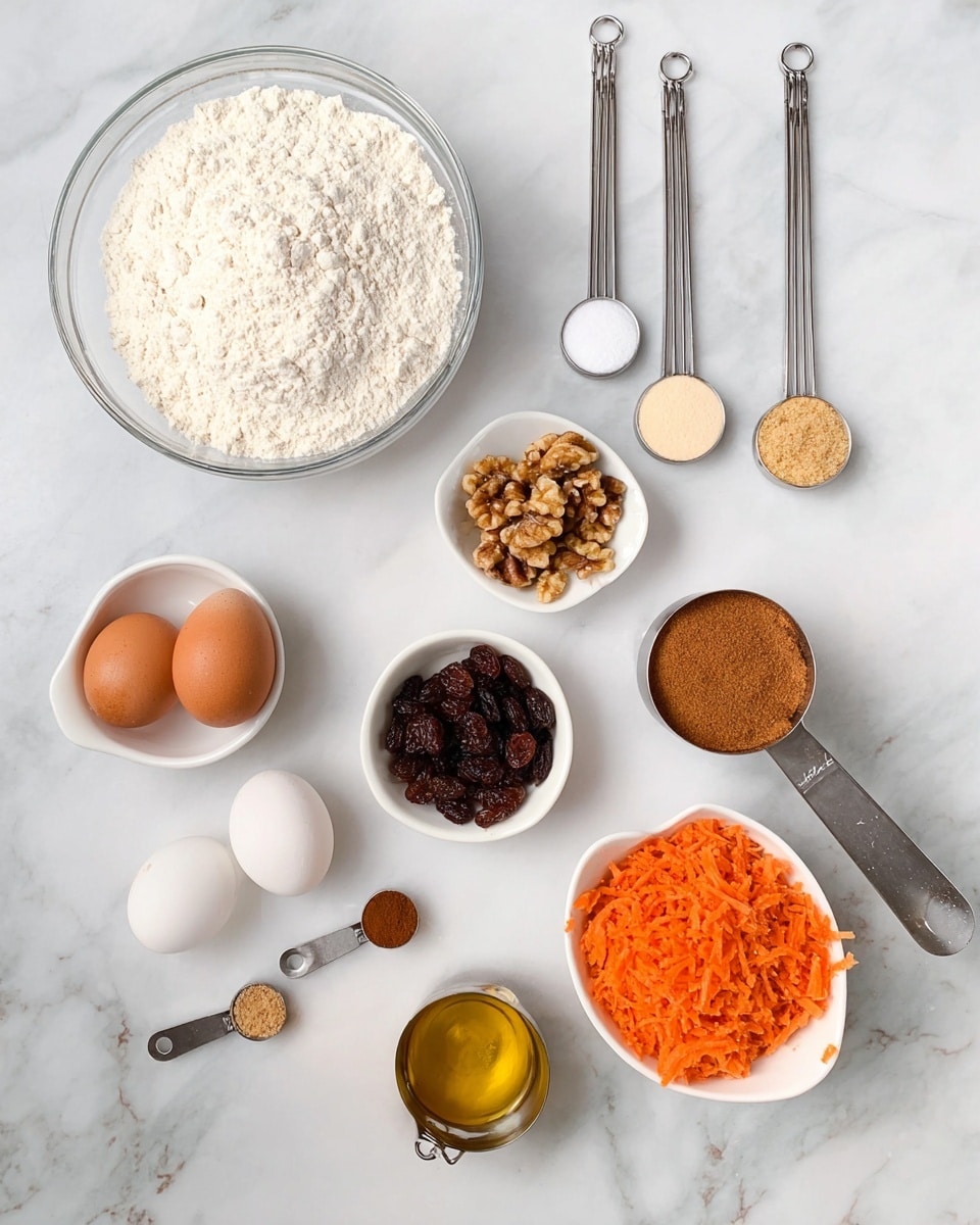The image shows various baking ingredients arranged neatly on a white marbled surface. At the top left, there is a large glass bowl filled with white flour. To its right are three metal measuring spoons containing white powder, a beige powder, and a brown powder. Below, two small white bowls hold chopped nuts and dark raisins. Moving left down the image, a white bowl with two raw eggs is placed beside a half-measuring cup filled with brown sugar, and a white bowl filled with bright orange shredded carrots. Scattered around are metal measuring spoons with cinnamon powder and golden syrup, all set clearly and brightly with a clean, organized look. Photo taken with an iphone --ar 4:5 --v 7