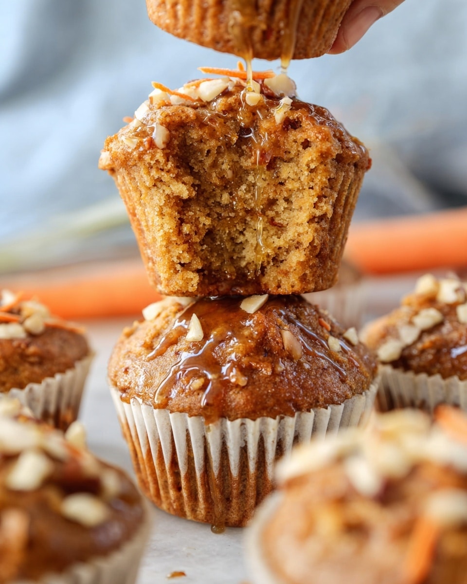 A close-up view of two carrot muffins stacked on a white marbled surface, with the top muffin held by a woman's hand showing its soft crumb interior and drizzled with shiny syrup, both muffins topped with small chopped nuts and some shredded carrot visible on the surface, surrounded by more similar muffins in white paper liners. The scene has a warm, inviting light with a slight blur in the background giving focus to the detailed texture of the muffins. Photo taken with an iphone --ar 4:5 --v 7