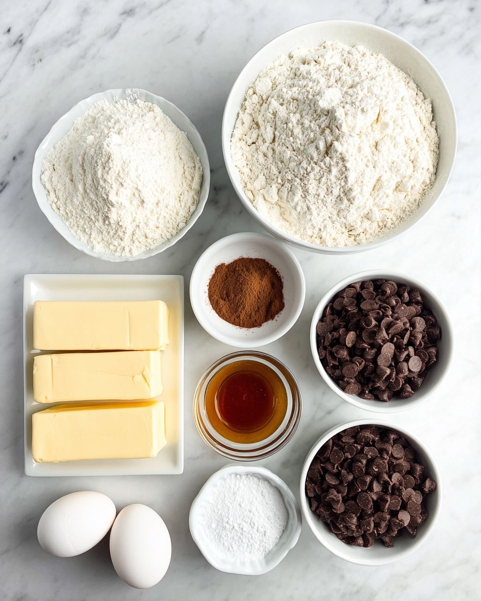The image shows an overhead view of baking ingredients arranged neatly on a white marbled surface. There are seven containers and two eggs: a large white bowl filled with white flour at the top center, a smaller white bowl with light brown sugar to its right, and another white bowl with dark chocolate chips at the bottom right. Three rectangular sticks of pale yellow butter are placed on a white rectangular plate at the bottom left. Two white eggs lie side by side near the center left. A small clear glass bowl holds amber-colored vanilla extract near the center, flanked by two small white ramekins containing cocoa powder and white baking powder or salt, respectively. The ingredients are spaced evenly and well-lit, capturing texture and color clearly. photo taken with an iphone --ar 4:5 --v 7