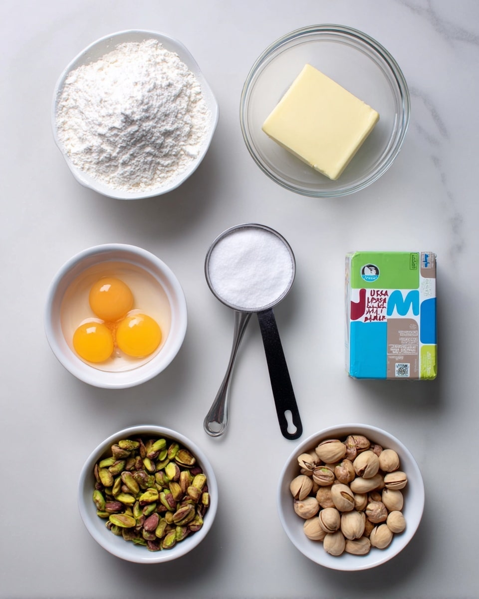 The image shows a top-down view of seven ingredients arranged neatly on a white marbled surface. Starting from the top left, there is a white bowl filled with white flour, next to it on the right is a small clear glass bowl with a yellow block of butter. Below the bowl of flour is a metal measuring cup filled with fine white sugar. To its right is a black measuring spoon holding a small amount of white powder. Next, a clear glass bowl with three cracked eggs shows bright orange yolks inside. Below these ingredients on the left, there is a white bowl filled with green and brown pistachio nuts, and to the right of it, a white bowl with round tan-colored hazelnuts. On the right side of the image, slightly lower than the eggs, there is a colorful box of pistachio Jell-O with blue, white, and green colors. The whole setup rests on a smooth white marbled background, photo taken with an iphone --ar 4:5 --v 7