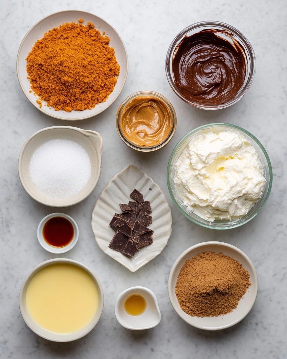 The image shows nine bowls and jars with different ingredients arranged neatly on a white marbled surface. At the top left, there is a white bowl filled with orange-brown crumbly powder, and next to it is an open jar of light brown peanut butter. To the right, a white bowl holds a thick dark chocolate sauce. Below these, a larger clear glass bowl contains a fluffy white cream. To the right of it, a small white bowl with a leaf shape has finely grated dark chocolate. Bottom left shows a white bowl filled with white granulated sugar, next to it a small white cup with dark amber vanilla extract. Below them, a large white bowl contains a pale yellow smooth liquid, and to the right, a white bowl holds melted yellow butter. Lastly, at the bottom right there is a white bowl with a mound of fine brown crumbs. All container colors have been changed to white or clear glass, and the surface is a white marbled texture photo taken with an iphone --ar 4:5 --v 7
