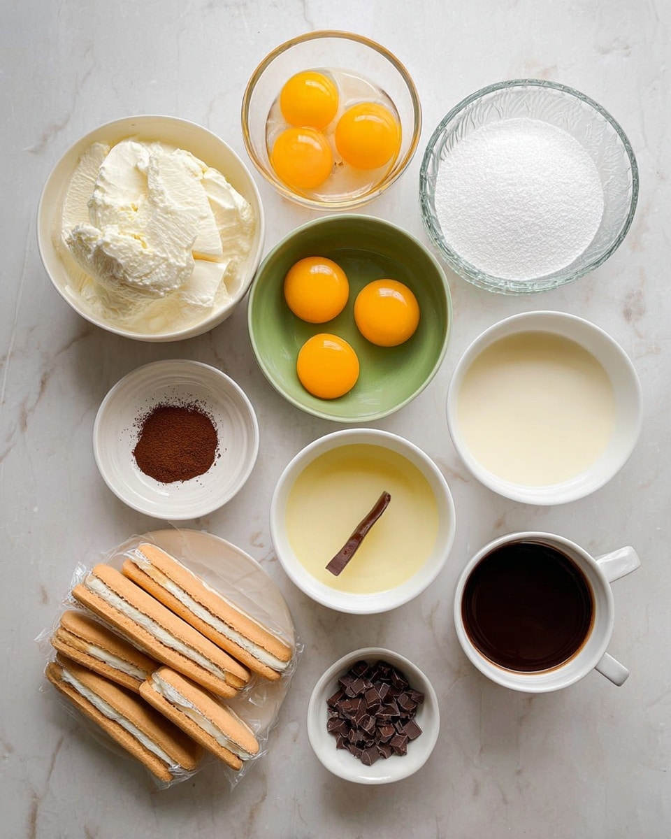The image shows various ingredients arranged neatly on a white marbled surface. There is a clear glass bowl with six bright yellow egg yolks, a green bowl filled with creamy white ricotta cheese, and two white bowls containing smooth vanilla extract and pale yellow liquid, possibly condensed milk. A larger clear bowl holds a white liquid, likely milk, and next to it is a clear textured bowl full of white granulated sugar. A small white bowl with dark brown cocoa powder and another small white bowl with chocolate curls add contrast. At the bottom left, two packs of light brown ladyfinger biscuits are stacked side by side, still in their plastic wrap. On the bottom right, a white cup holds dark chocolate liquid. The setup is clean and well-organized. photo taken with an iphone --ar 4:5 --v 7