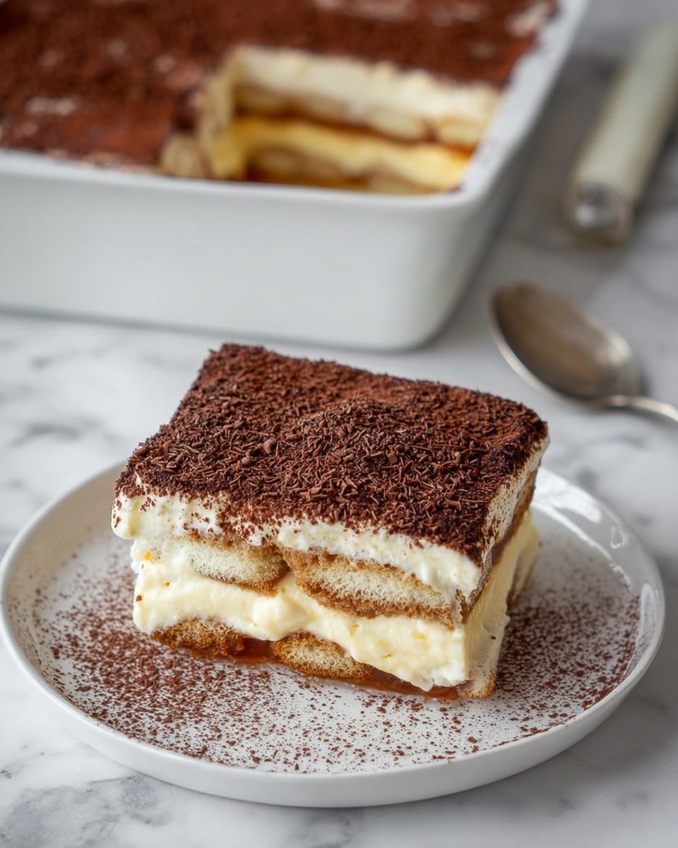 A square piece of layered dessert sits on a white plate with a light dusting of cocoa powder around it. The dessert has three visible layers: the bottom layer is made of soaked, light brown ladyfinger biscuits; the middle layer is creamy and pale yellow, thick and smooth; the top layer is also creamy but covered with a dark brown cocoa and chocolate shaved topping creating a rough textured surface. In the background, the rest of the dessert is in a white square dish on a white marbled surface. A spoon with a white handle lies beside the plate. photo taken with an iphone --ar 4:5 --v 7
