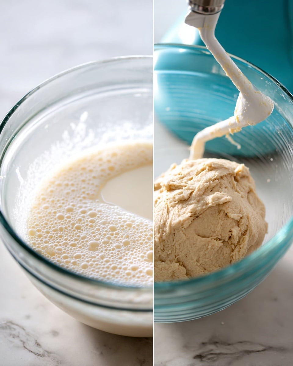The image shows two close-up views inside a clear glass mixing bowl on a white marbled surface. On the left side, the bowl contains a light creamy liquid with bubbles on top, filling about a quarter of the bowl's bottom. On the right side, the same bowl holds a rough, pale beige dough ball with a slightly cracked texture being mixed by a white dough hook from a stand mixer, set against the blurred background of the stand mixer’s teal base. Photo taken with an iphone --ar 4:5 --v 7