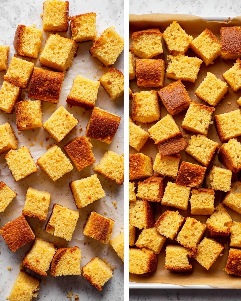 The image shows a white baking tray filled with small, even-sized cubes of toasted cornbread. The cornbread pieces have a golden brown top crust and a light yellow crumb inside. The cubes are spread out evenly over parchment paper lining the tray, giving a slightly rough texture from the toasted edges. Each piece shows a mix of smooth and crumbly textures with a warm, inviting color. The background has a white marbled look, enhancing the contrast with the cornbread's color. photo taken with an iphone --ar 4:5 --v 7