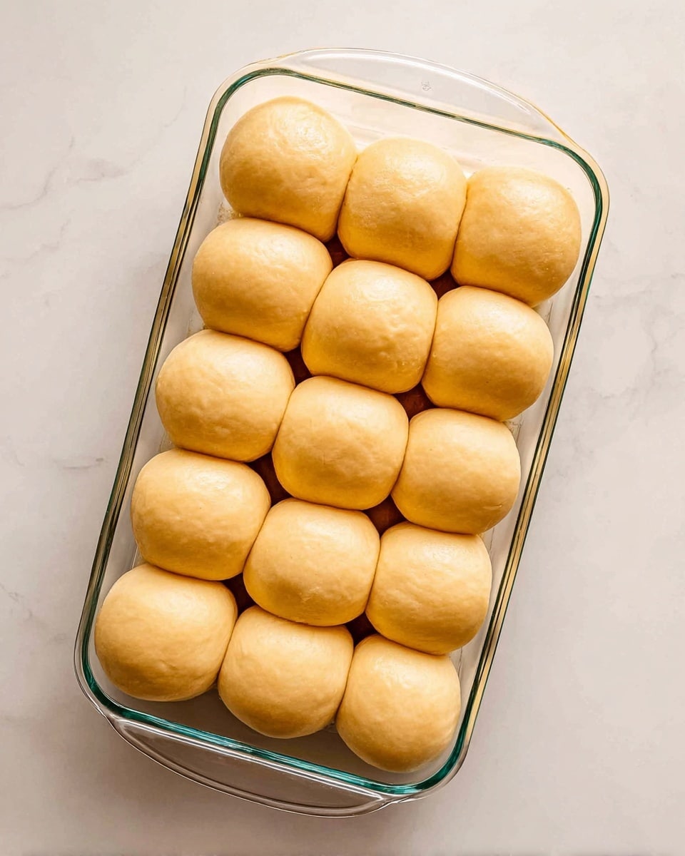 The image shows a clear glass rectangular baking dish filled with 20 smooth, round dough balls tightly placed in four rows and five columns. Each dough ball has a soft light golden color with a slightly shiny, smooth surface. The dough balls are uniform in size and shape, touching each other and filling the baking dish almost completely. The dish is placed on a white marbled surface that gives a clean and bright background. photo taken with an iphone --ar 4:5 --v 7