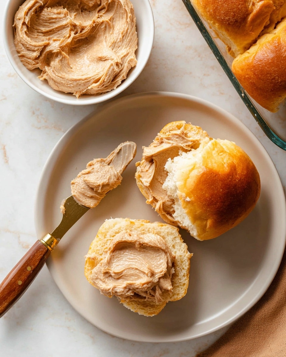 The image shows a white plate with two split soft golden bread rolls on it. Each roll half is spread with a creamy, light brown cinnamon butter that has a smooth, whipped texture. A butter knife with a wooden handle and a gold blade lies next to the rolls on the plate, holding more of the cinnamon butter. In the top left corner, there is a white bowl filled with the same cinnamon butter, showing swirled peaks. The background is a white marbled texture, and part of a glass baking dish with more golden bread rolls is visible at the top right corner. photo taken with an iphone --ar 4:5 --v 7