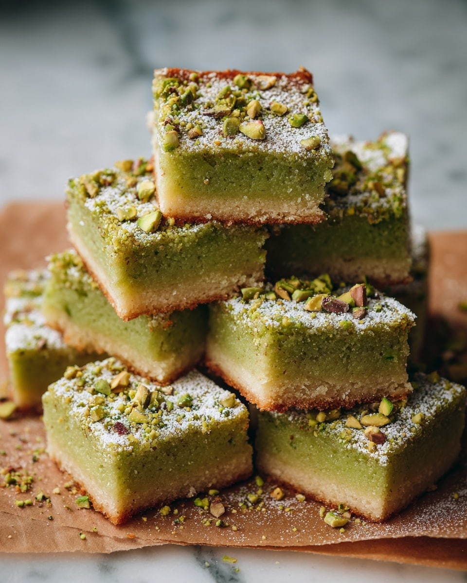 The image shows a stack of square-shaped pistachio bars on brown baking paper over a white marbled surface. Each bar has two visible layers: a golden-brown crust on the bottom and a thicker, light green pistachio layer on top. The surface of the bars is sprinkled with crushed green pistachios and a light dusting of powdered sugar, adding texture and color contrast. The bars have a soft, crumbly texture with slightly browned edges, and they are arranged in a loose pile, showcasing the layers clearly. Photo taken with an iphone --ar 4:5 --v 7