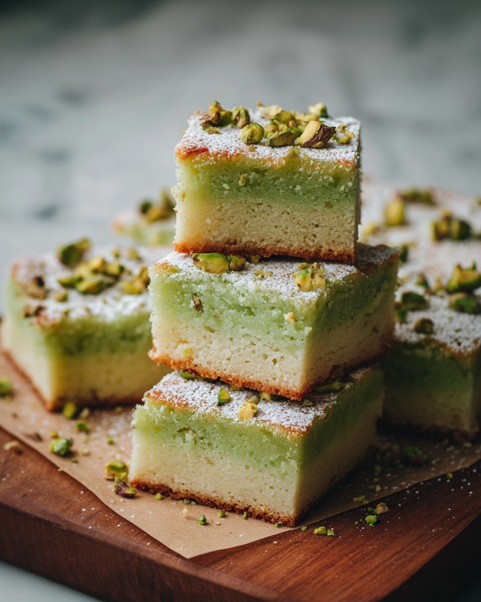 A stack of square bars with two visible layers: the bottom layer is light beige with a soft, slightly crumbly texture, and the top layer is a light green with a moist, cake-like texture. Each bar is topped with small pieces of chopped green pistachios and a light dusting of powdered sugar, adding texture and color contrast. The bars sit on a piece of parchment paper placed on a warm brown wooden board, with a white marbled background softly blurred behind them. Some pistachio crumbs are scattered around the base of the stack. photo taken with an iphone --ar 4:5 --v 7