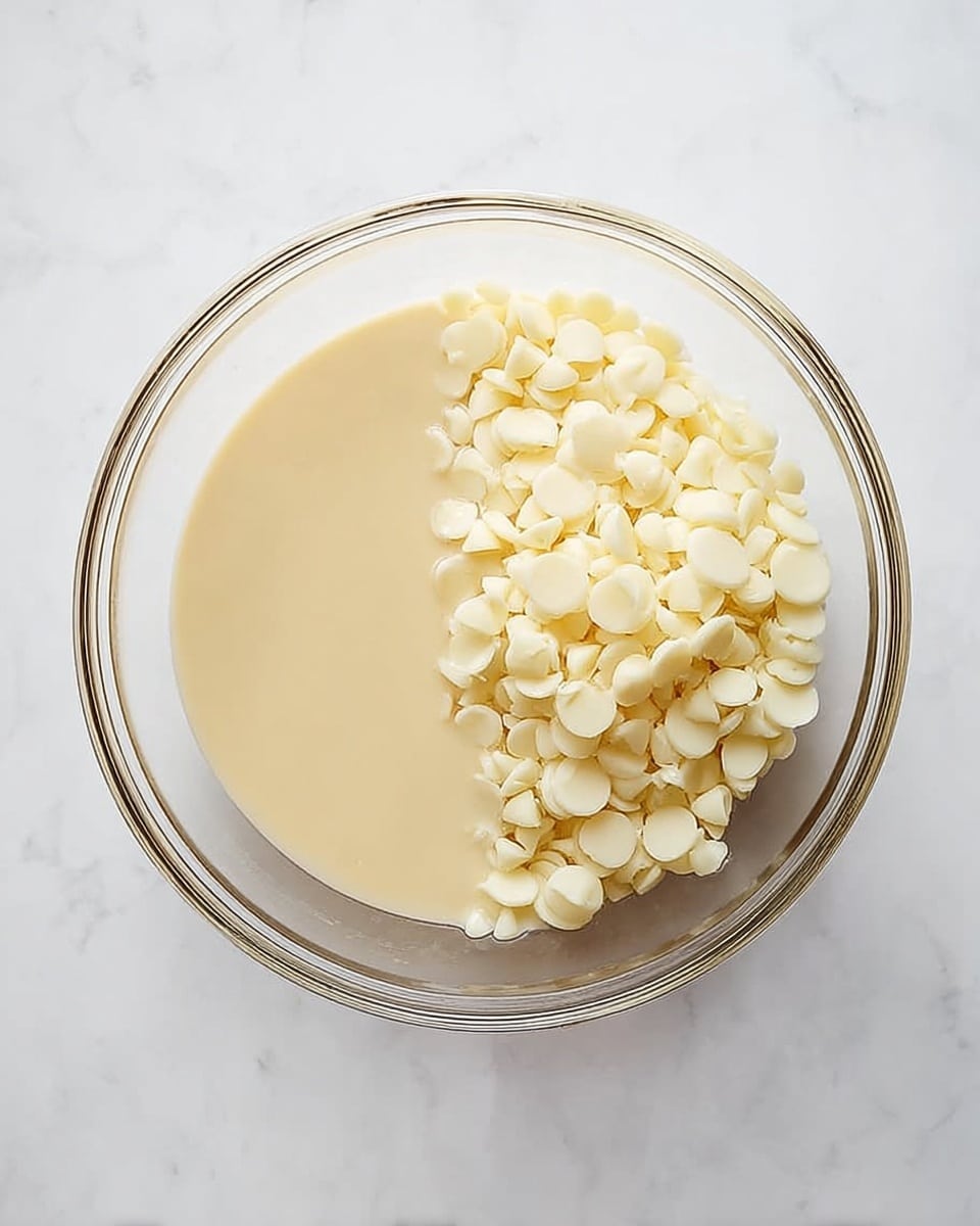 A clear glass bowl sits on a white marbled surface, holding two distinct layers of ingredients. On the left side, there is a smooth, light beige liquid that takes up about half of the bowl. On the right side, there is a pile of small, white, round chips that look solid and glossy, slightly overlapping the liquid. The bowl is viewed from above, showing the clean separation between the two textures and colors. photo taken with an iphone --ar 4:5 --v 7