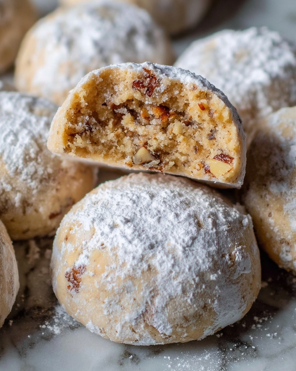 The image shows several round cookies coated with a light dusting of powdered sugar sitting on a white marbled surface. One cookie is broken open and held above the others, revealing a crumbly, pale golden brown inside with visible small pieces of nuts scattered throughout. The outer layer is smooth and slightly cracked under the sugar, showing a soft texture. The cookies look dense and slightly rough on the inside, contrasting with the powdered smooth coating outside. Photo taken with an iphone --ar 4:5 --v 7