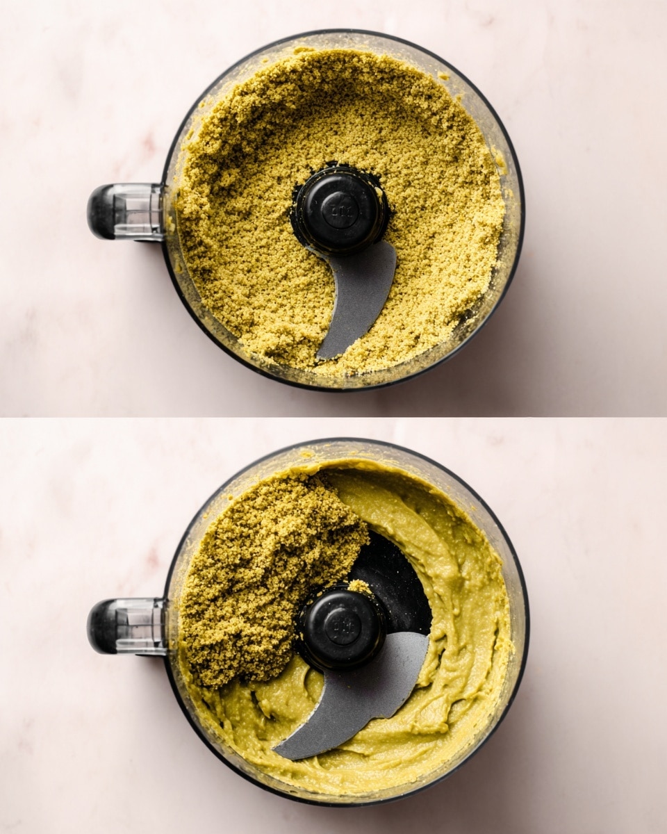 A food processor bowl is viewed from above in four stages of blending a greenish-yellow mixture. The first stage shows a coarse, crumbly layer filling the bowl evenly with rough texture. The second stage shows the mixture pulled away from the edges, revealing more blended, fine bits sticking to the sides. In the third stage, a large scoop of the mixture is moved aside exposing a smoother green paste underneath with granular edges. By the fourth stage, the entire mixture is a smooth, creamy green paste covering the blades almost fully with a few finger marks visible on the surface. The clear bowl has a black center post and blade that contrast with the green mixture, all set against a white marbled background. Photo taken with an iphone --ar 4:5 --v 7