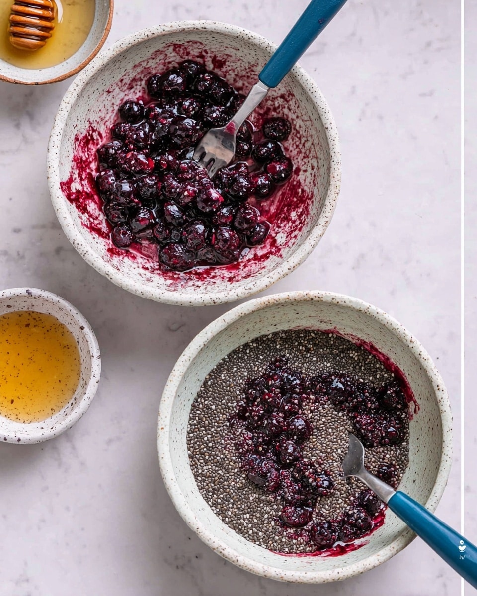 The image shows two white speckled bowls placed on a white marbled surface, each with a blue-handled fork inside. The first bowl contains a dark purple mixture of whole and smashed berries with juice spreading around. The second bowl has a thick, textured mix of small black chia seeds blended with the purple berry juice, giving it a dotted appearance with some liquid pooling at the bottom. In the background, there is a small white bowl with honey and a honey dipper, partially visible in the top left area. photo taken with an iphone --ar 4:5 --v 7
