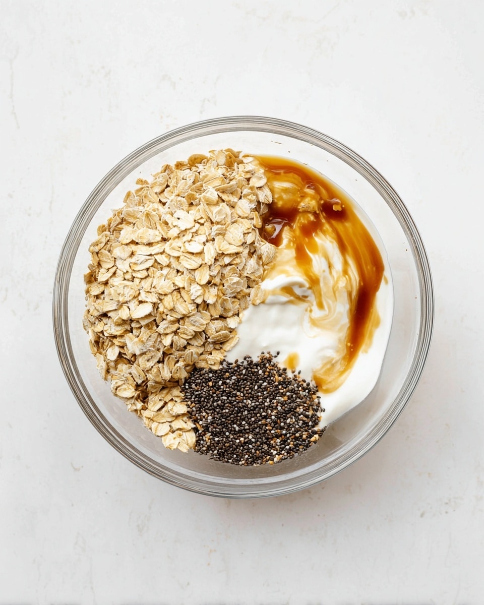 A clear glass bowl sits on a white marbled surface, filled with a four-part mix. On the left side, light tan oats fill nearly half of the bowl with a rough, dry texture. To the bottom right of the oats, there is a small pile of tiny, black chia seeds with a smooth, round appearance. Behind the seeds, creamy white yogurt spreads toward the middle with a soft, smooth texture. Finally, a swirl of dark amber syrup sits on top, blending slightly with the yogurt near the upper right of the bowl. photo taken with an iphone --ar 4:5 --v 7