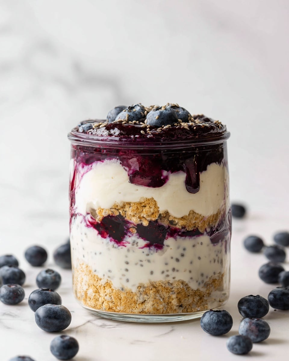 The image shows a clear glass jar with four visible layers. The bottom layer is made of light brown, crumbly granola. Above it is a thick creamy white layer mixed with tiny black chia seeds. The third layer is a dark purple blueberry jam that looks a little wet and uneven, spreading into the white layer below it. The top layer is again the creamy white mixture with chia seeds, slightly dripping down the sides of the jar. Around the jar, there are fresh blueberries scattered on a white marbled surface. photo taken with an iphone --ar 4:5 --v 7
