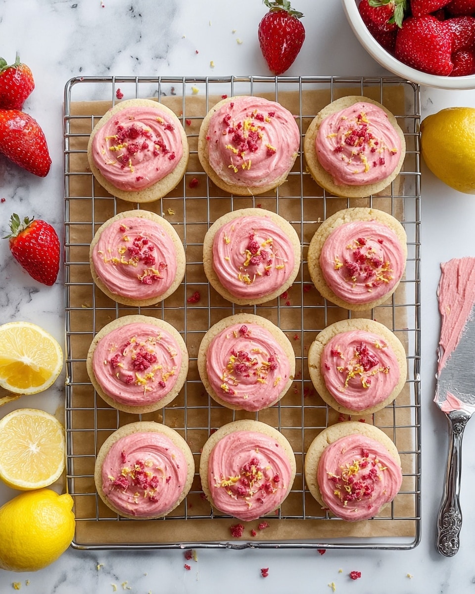 Twelve round shortbread cookies arranged neatly in three rows of four on a cooling rack over brown parchment paper, each topped with a thick, smooth layer of pink frosting swirled in a circular pattern. The frosting is sprinkled with small pieces of crushed red fruit and tiny bits of yellow zest, adding texture and color contrast. Around the rack, there are fresh whole strawberries, lemon halves, and a white bowl filled with strawberries on a white marbled surface, alongside a metal spreading knife with some pink frosting on its blade. Photo taken with an iphone --ar 4:5 --v 7