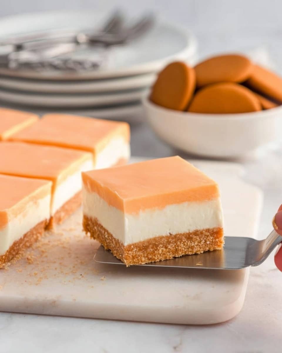 The image shows a square dessert with three visible layers on a white marbled surface. The bottom layer is crumbly and light brown, looking like crushed cookies pressed together. The middle layer is smooth and white, creamy and thick. The top layer is a light orange shade, smooth and slightly firm, forming a solid block. A woman's hand is using a flat spatula to lift one square piece of the dessert from the tray, showing clean, straight edges. In the background, there is a white bowl filled with round, orange-brown cookies, and a stack of clean white plates with a fork and knife resting on top. The setting is bright and clean. photo taken with an iphone --ar 4:5 --v 7