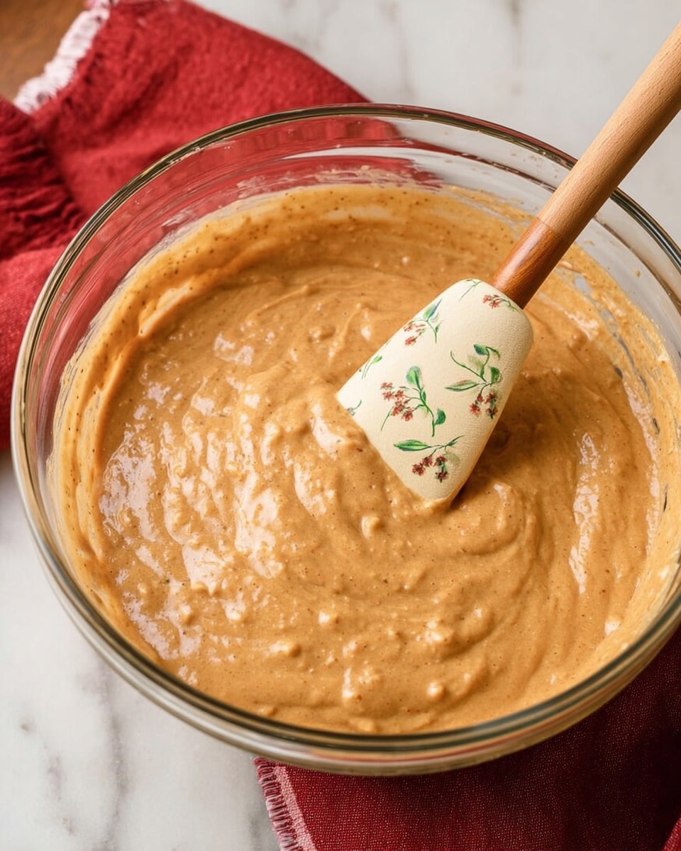 A clear glass bowl filled with a thick, light brown batter that has a smooth and creamy texture, with small lumps throughout. A wooden spatula with a beige blade decorated with green leaves and small flowers is partially submerged in the batter, resting on the right side of the bowl. The bowl sits on a white marbled surface with a red cloth beneath it, adding contrast to the warm color of the batter. Photo taken with an iphone --ar 4:5 --v 7