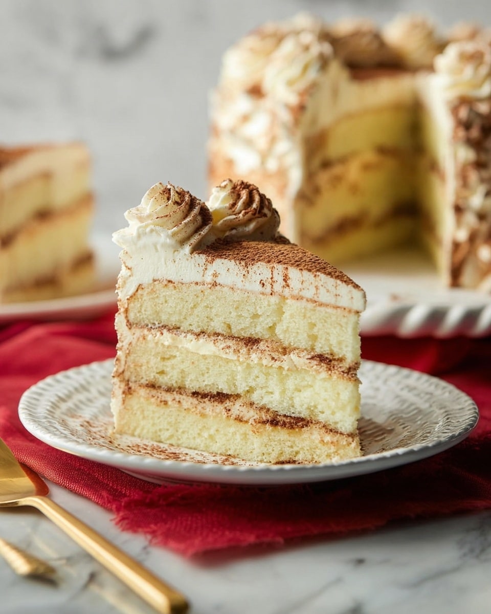 A slice of light cream-colored layered cake sits on a white patterned plate with a rope-like edge, resting on a red cloth over a white marbled surface. The cake has four layers of soft, pale yellow sponge separated by creamy white frosting layers. The outside edge has a thick swirl of cream topped with a dusting of brown powder, likely cinnamon or cocoa. In the blurry background, a full cake with similar cream and sponge layers and brown powder on top is visible, along with a gold utensil at the bottom left. Photo taken with an iphone --ar 4:5 --v 7
