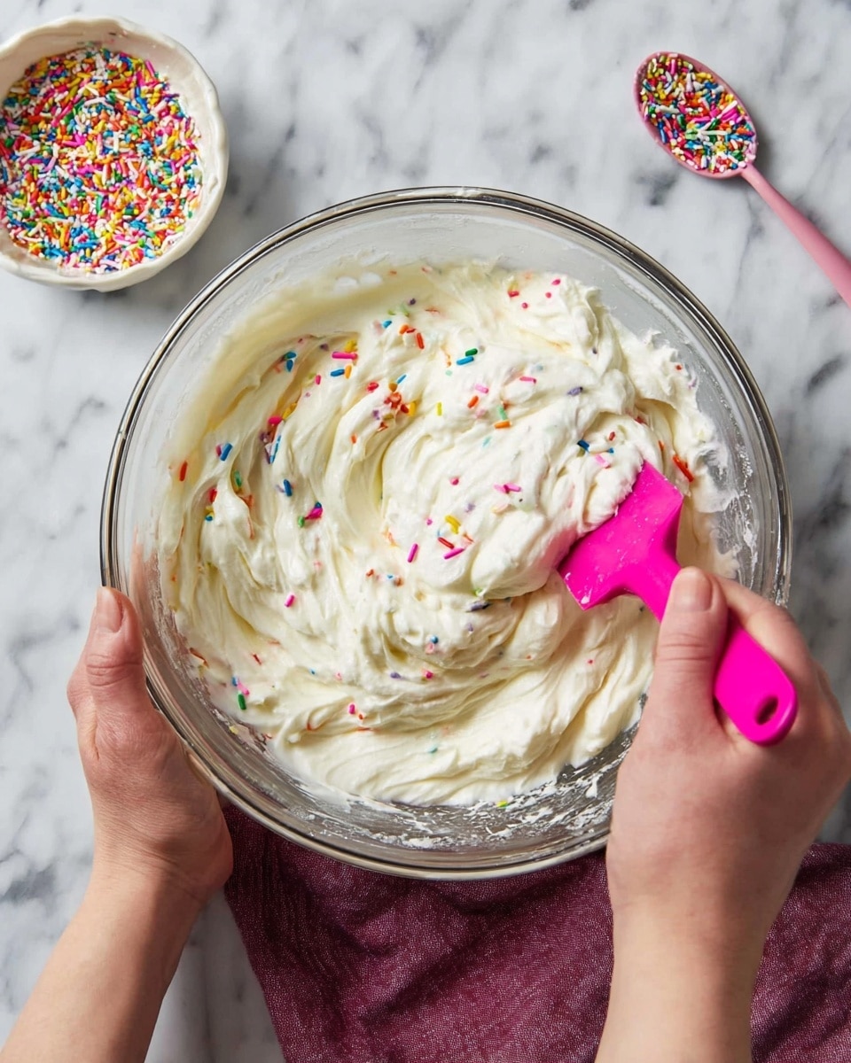A clear glass bowl sits on a white marbled surface with a dark pink cloth nearby, holding a mix of creamy thick batter and white fluffy whipped egg whites, swirled together with colorful rainbow sprinkles scattered throughout the mixture. A woman's left hand is steadying the bowl while her right hand uses a bright pink spatula to fold the two mixtures gently. In the background, a small white bowl of rainbow sprinkles and a spoon with a pink handle rest on the white marbled surface. Photo taken with an iphone --ar 4:5 --v 7