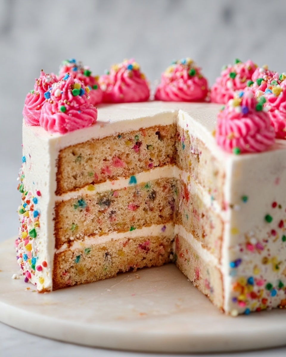 This image shows a three-layer funfetti cake with vanilla frosting between each layer and on the outside. The cake layers are light brown with small colorful sprinkles spread evenly inside. The cake has thick white frosting around all sides, and the top edge is decorated with bright pink frosting dollops that have colored sprinkles on them. The cake is placed on a round white marble surface with a smooth texture. The photo is taken with an iphone --ar 4:5 --v 7