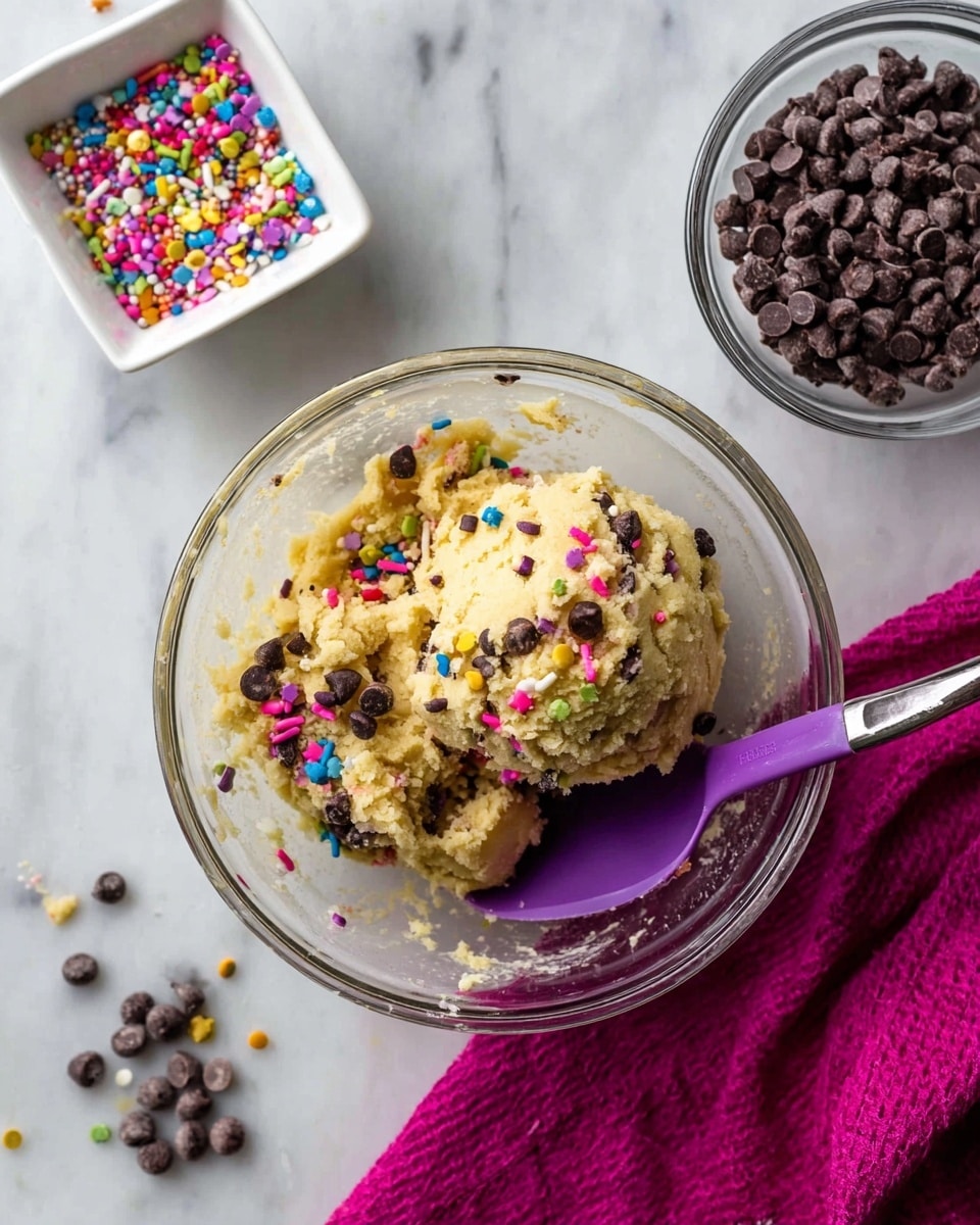 A clear glass bowl contains a rough ball of pale yellow dough with a slightly grainy texture, topped with small dark brown chocolate chips and scattered colorful round and star-shaped sprinkles in pink, blue, green, yellow, and purple. The bowl holds a purple spatula resting on the dough's side. Nearby, a small white square dish holds more colorful sprinkles, while a small clear glass bowl is filled with more chocolate chips. The items are placed on a white marbled surface with a bright magenta cloth draped to the right. A few individual chocolate chips are scattered on the surface. photo taken with an iphone --ar 4:5 --v 7