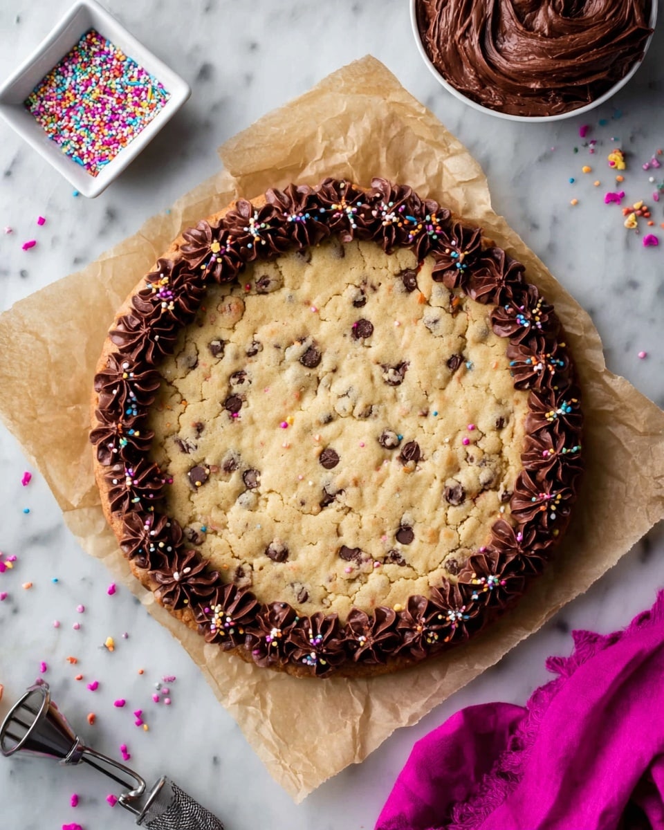 A large round cookie with a light golden-brown color and small irregular chocolate chips spread throughout fills the center of the image. Around the edge is a thick ring of dark chocolate frosting piped in rosettes, decorated with small, colorful round sprinkles. The cookie rests on crumpled parchment paper placed over a white marbled surface. To the upper left, a small white square dish contains multicolored round sprinkles, some scattered nearby. To the upper right, a piping bag filled with chocolate frosting lies on the marble, while at the bottom right, a bright magenta cloth adds a pop of color. photo taken with an iphone --ar 4:5 --v 7